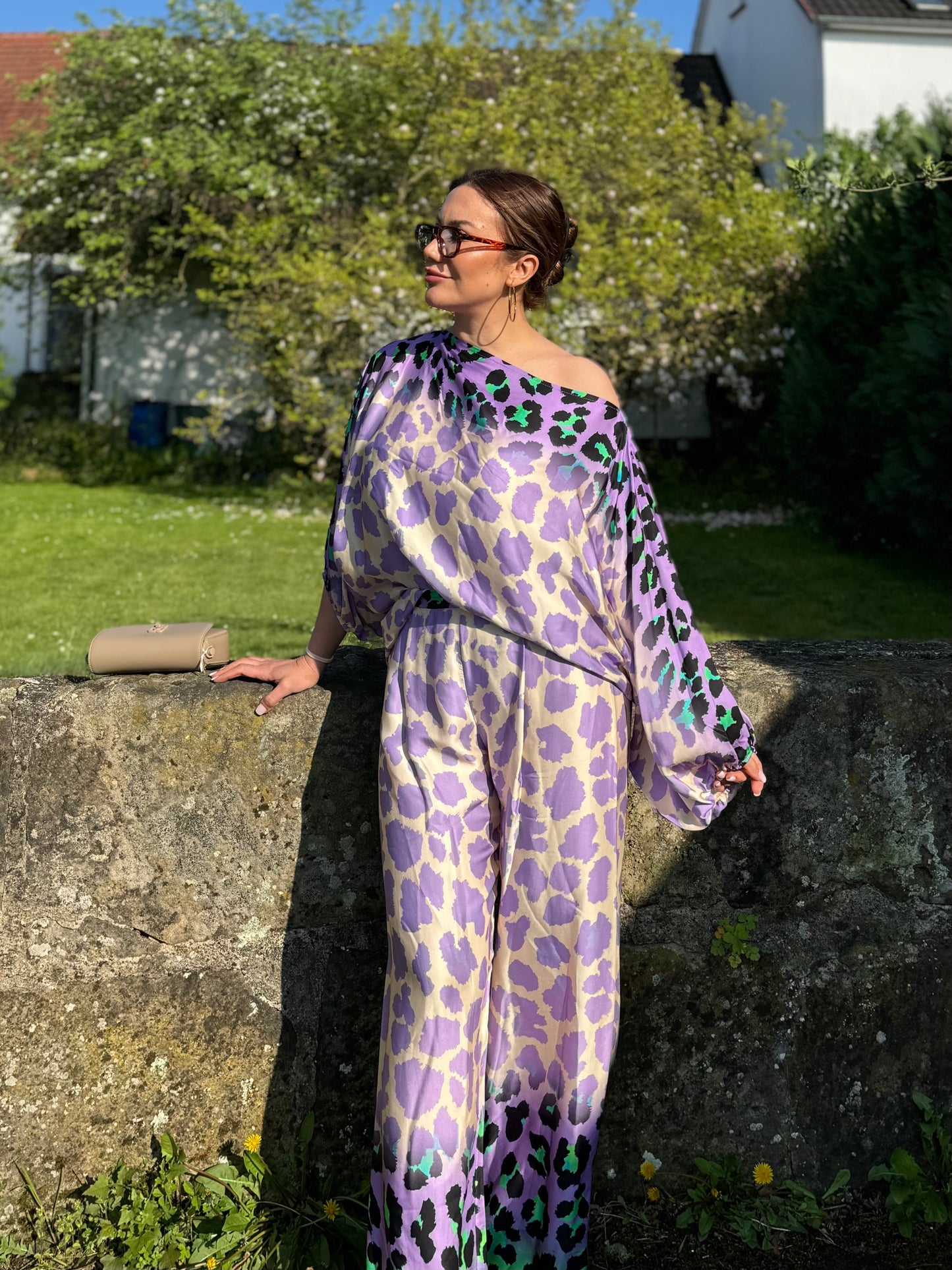 Zweiteiler mit Leopardenmuster – Lila/Grün – Viskose-Seiden-Mix