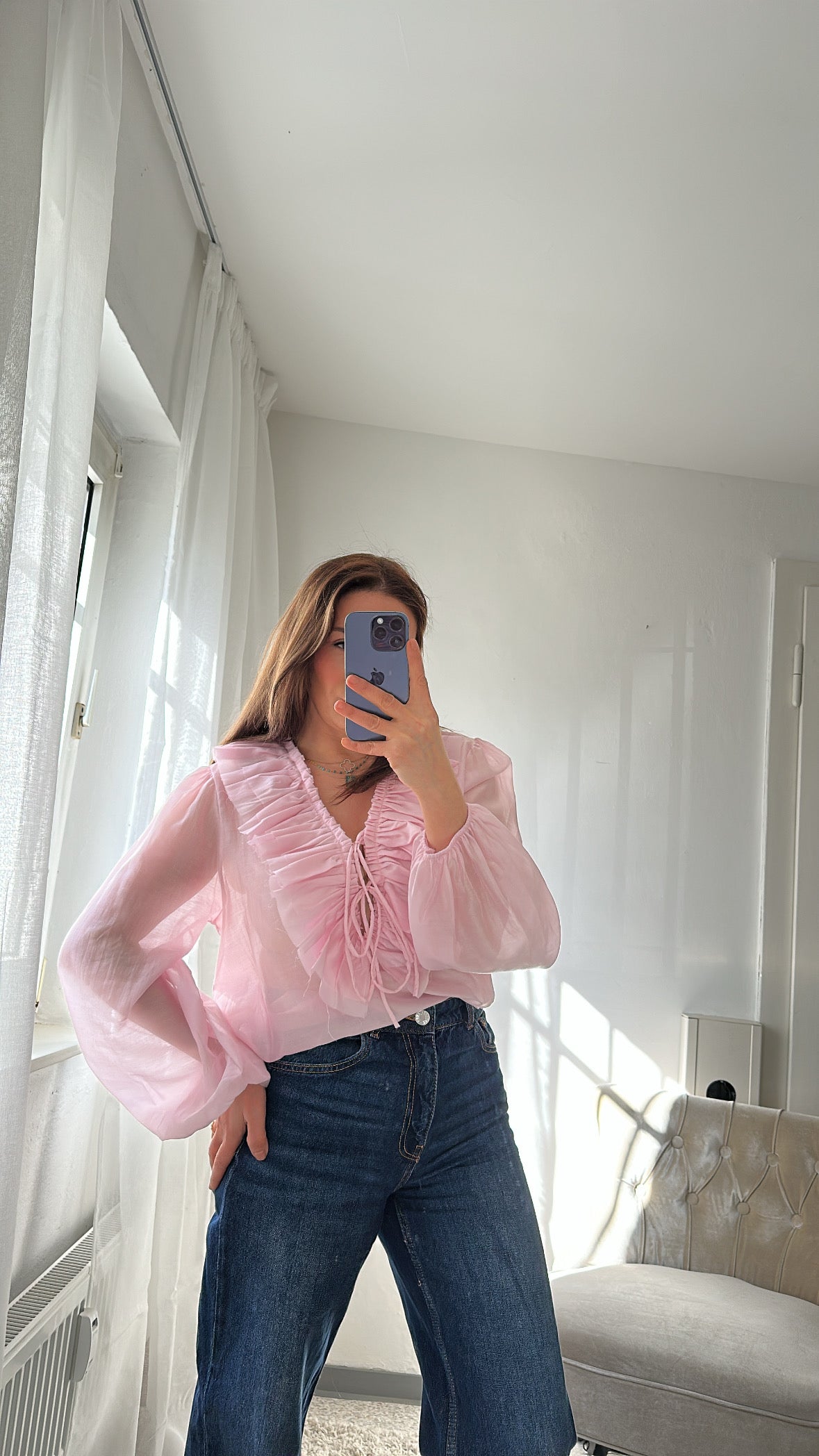 Romantische Bluse mit Rüschen – Rosa