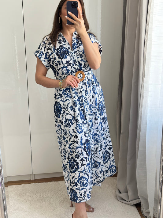 Blau-Weißes Hemdkleid mit Blumenmuster