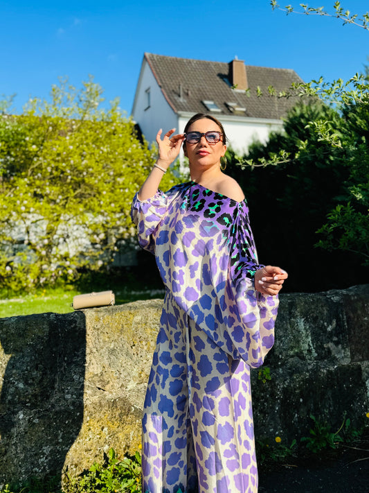 Zweiteiler mit Leopardenmuster – Lila/Grün – Viskose-Seiden-Mix