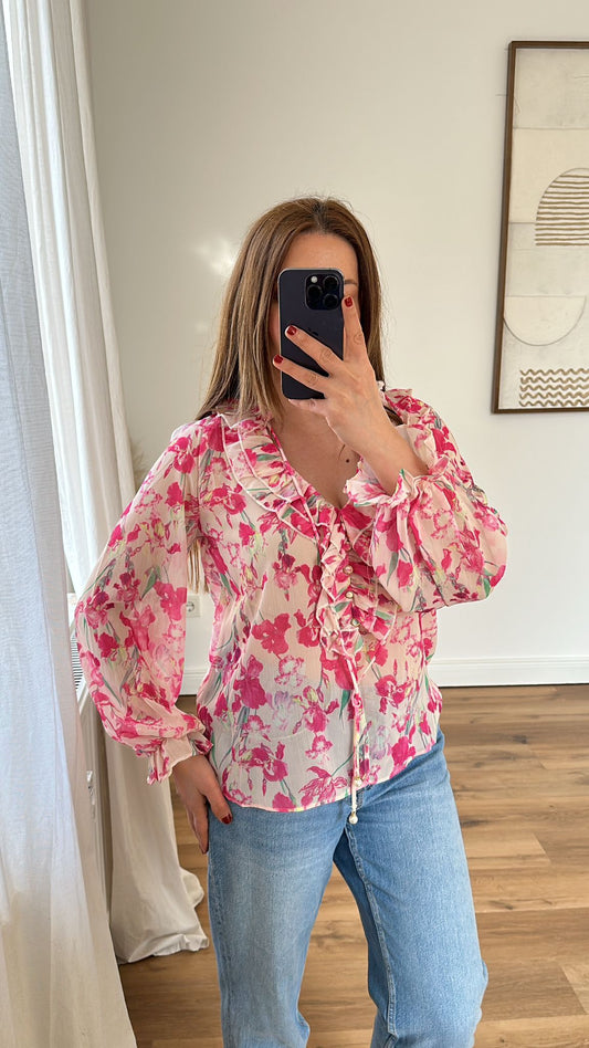 Rüschen Chiffon Bluse pink