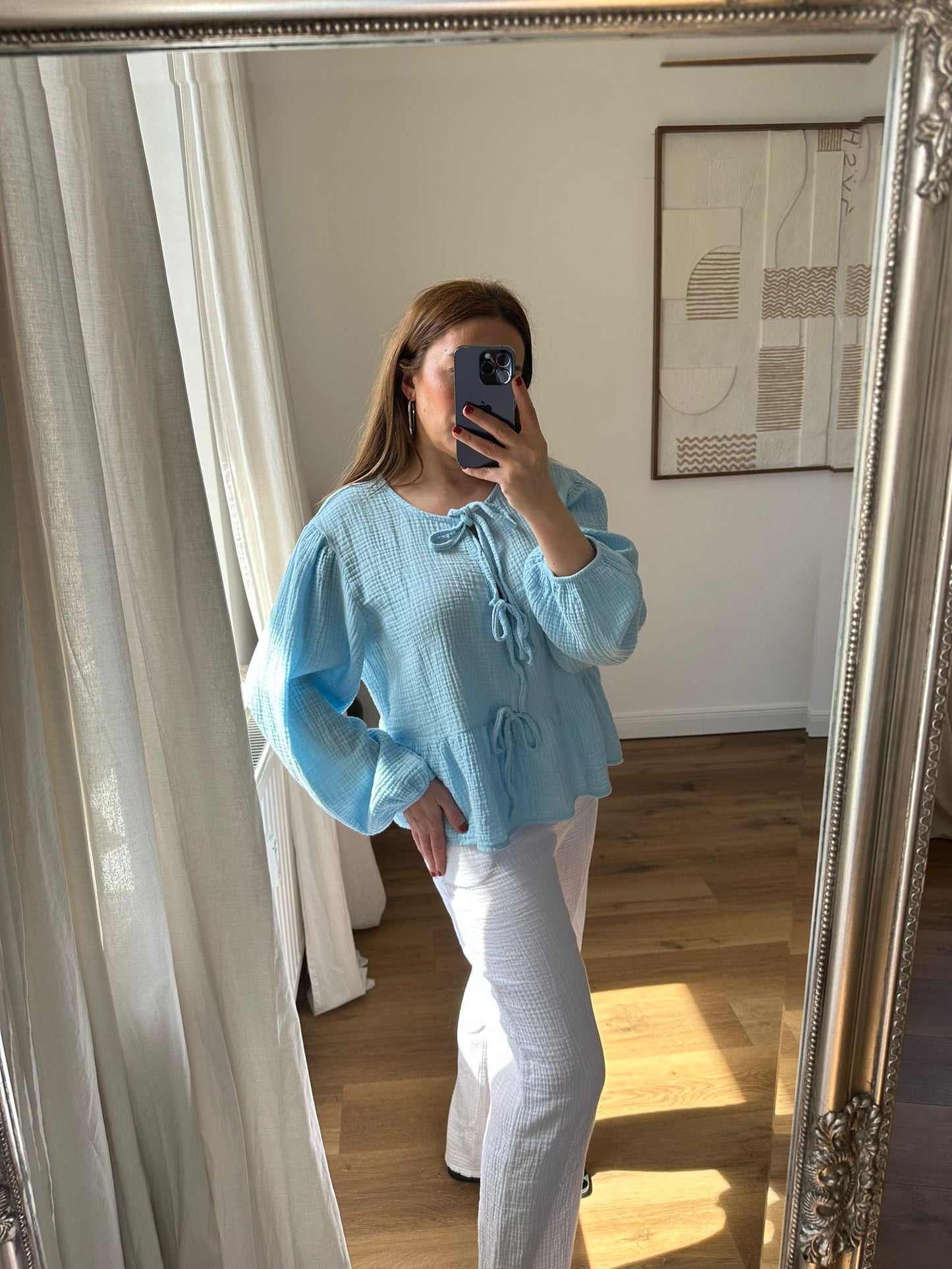 Musselin Bluse mit Schleife (hellblau)