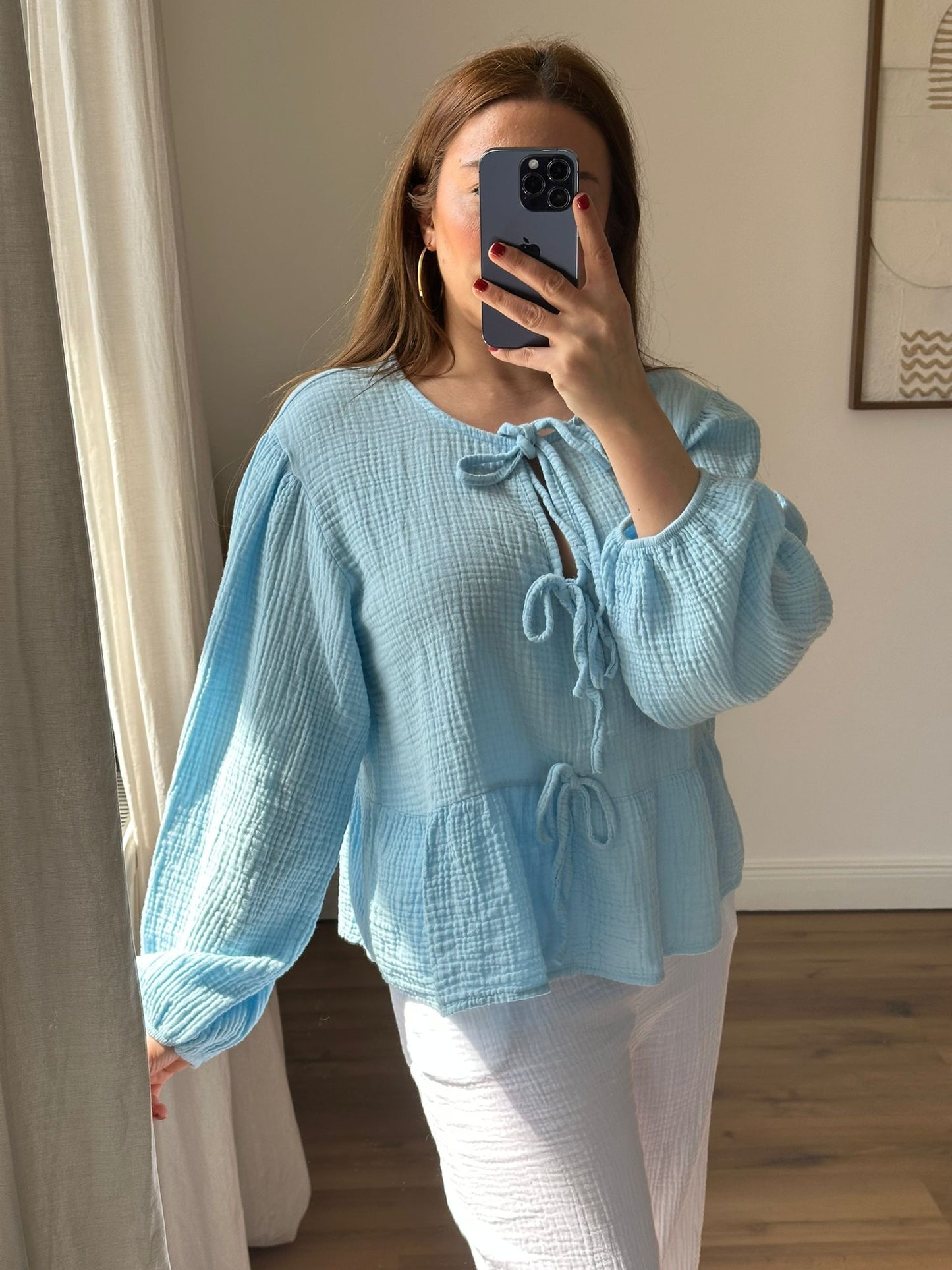 Musselin Bluse mit Schleife (hellblau)