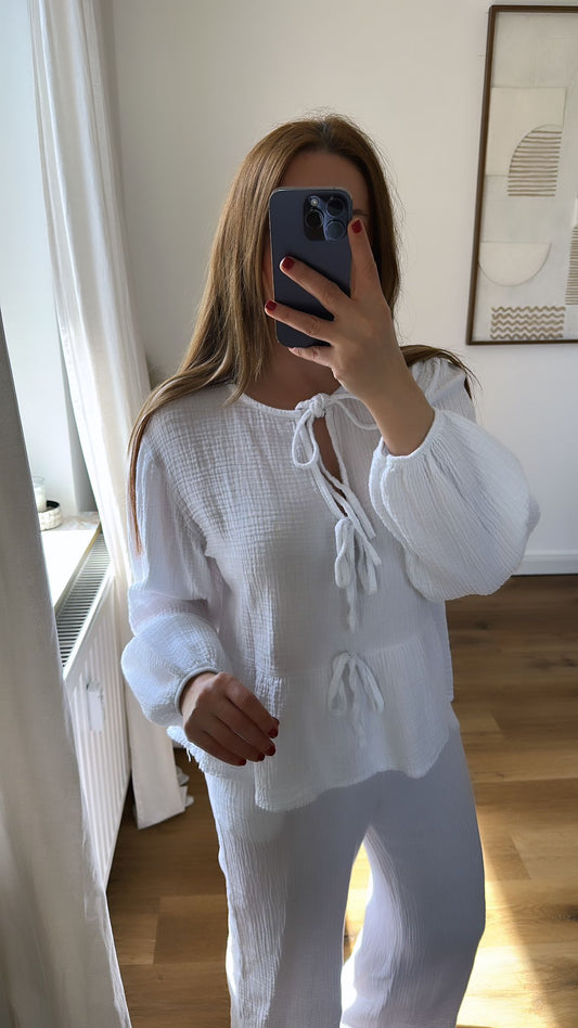 Musselin Bluse mit Schleife (weiß)