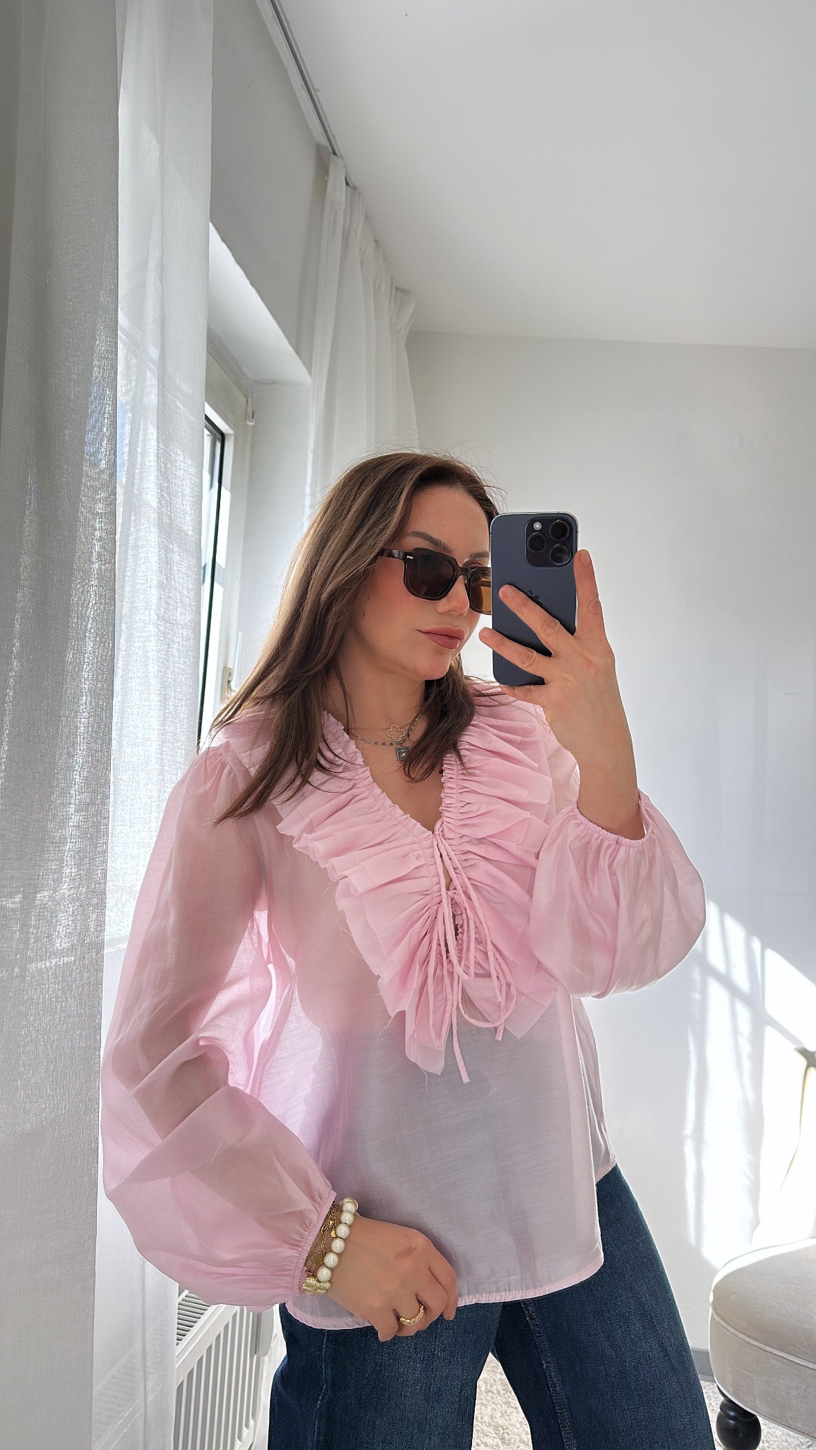 Romantische Bluse mit Rüschen – Rosa