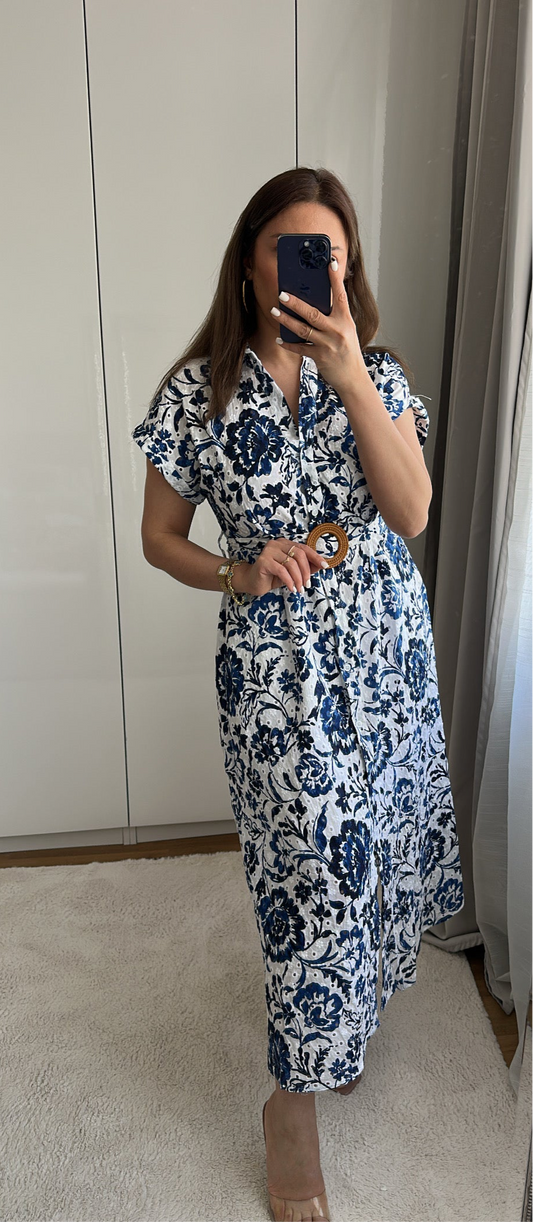 Blau-Weißes Hemdkleid mit Blumenmuster