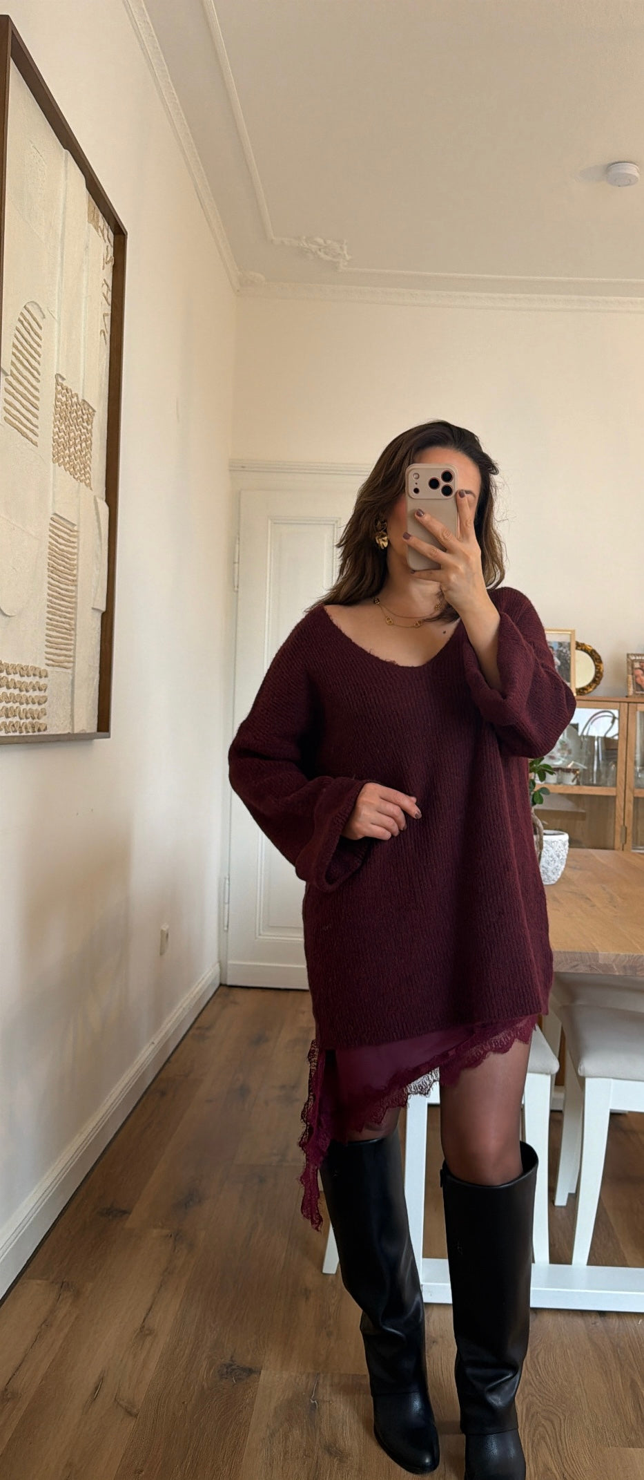 Langer Oversize-Pullover in Bordeaux