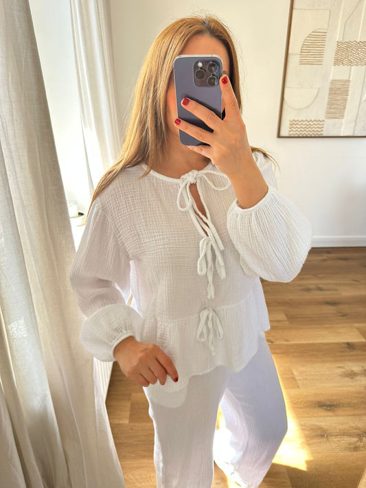 Musselin Bluse mit Schleife (weiß)