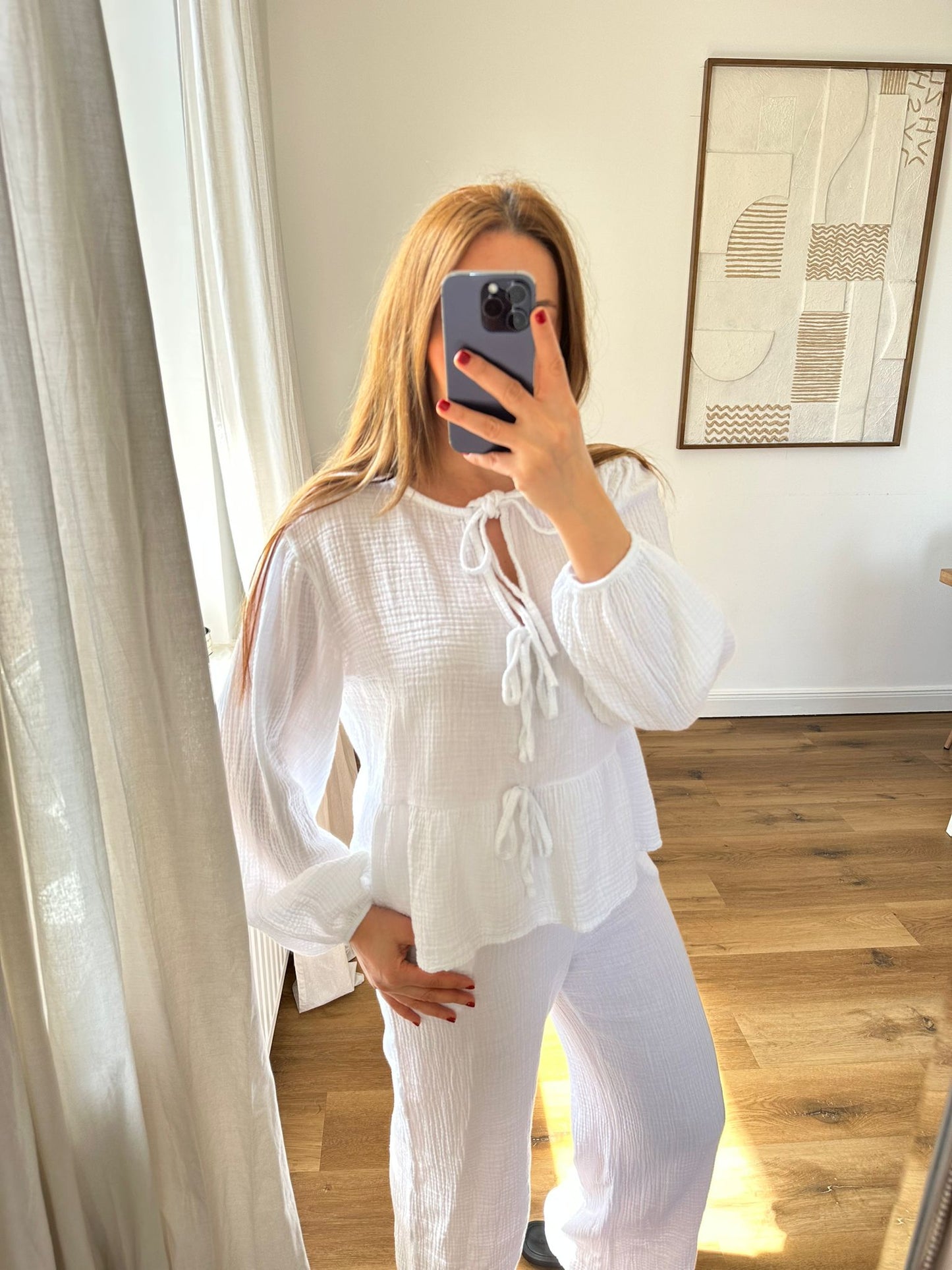 Musselin Bluse mit Schleife (weiß)